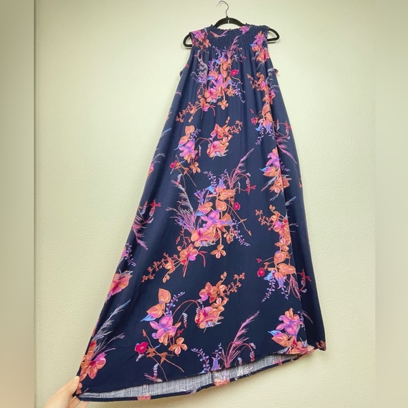 A New Day Women's Medium Floral Navy Sleeveless Maxi Dress Smocked Mock Neck - Picture 6 of 16